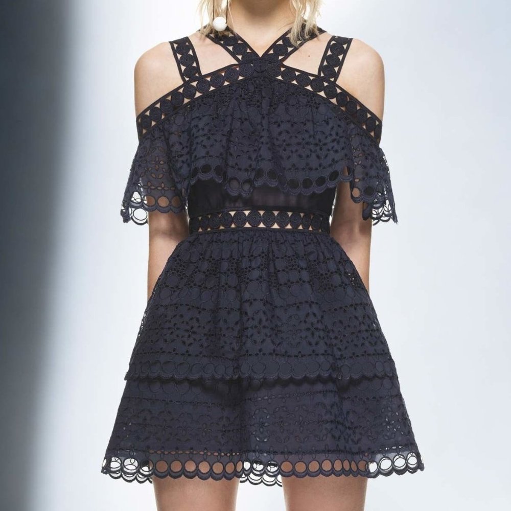 Self-Portrait Navy Embroidered Tiered Mini Dress